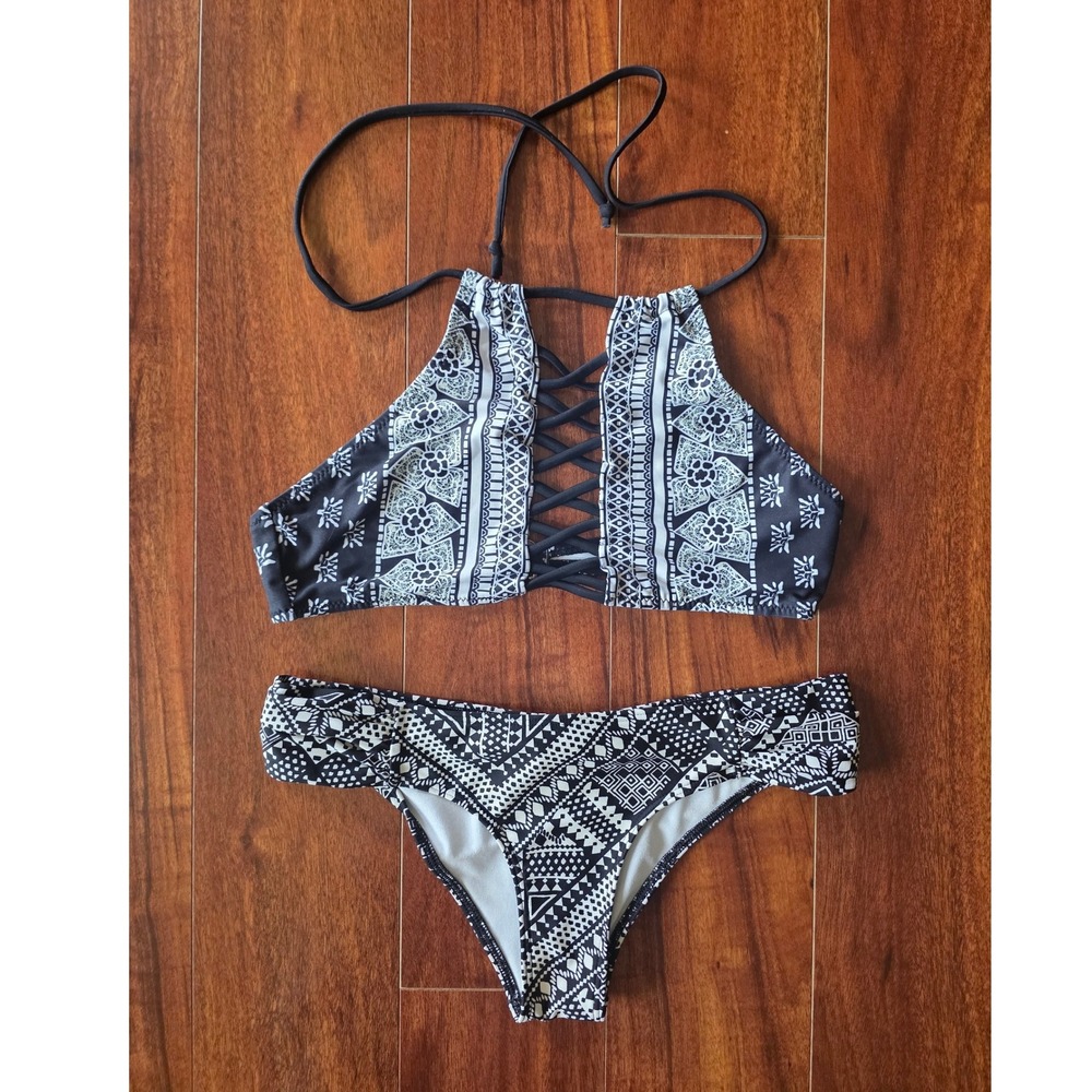 Hollister Swim Womens Black White Geometric Tribal High Neck Halter Bikini Set S